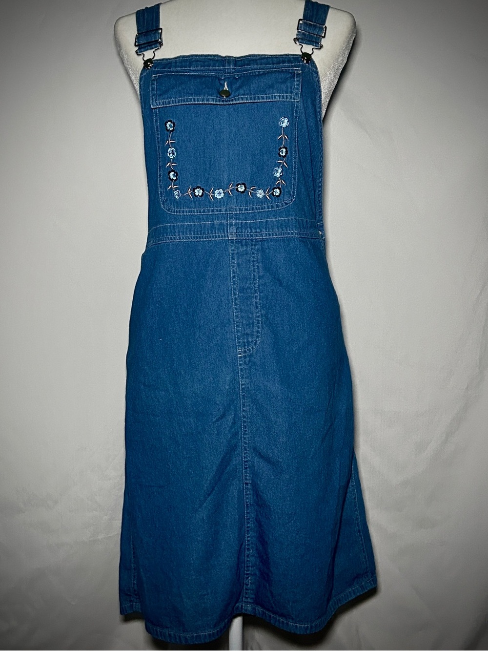 Denim Blue Women’s Overall Dress with Embroidered Pocket